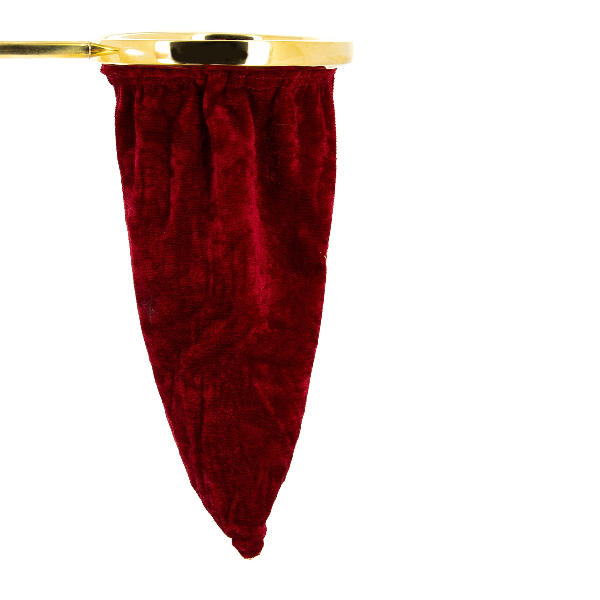 Borsa raccogli offerta in velluto rosso e croce ricamata color oro. Manico 25 cm.