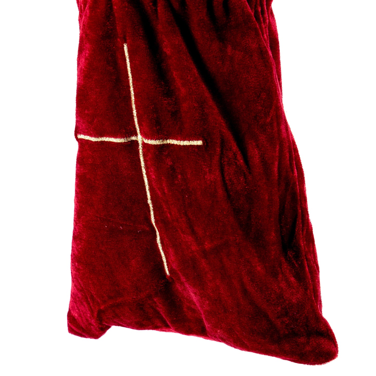 Borsa raccogli offerta in velluto rosso e croce ricamata color oro. Manico 25 cm.