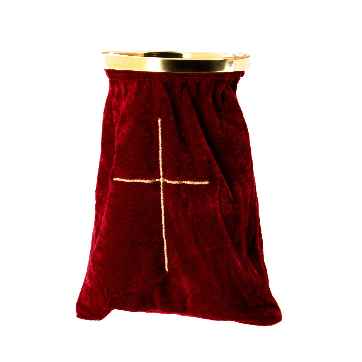 Borsa raccogli offerta in velluto rosso e croce ricamata color oro. Manico 25 cm.