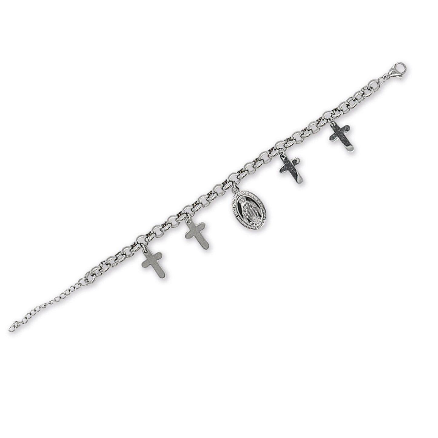 Bracciale in acciaio con croci e medaglia Miracolosa. Lunghezza 21 cm