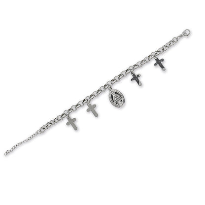Bracciale in acciaio con croci e medaglia Miracolosa. Lunghezza 21 cm