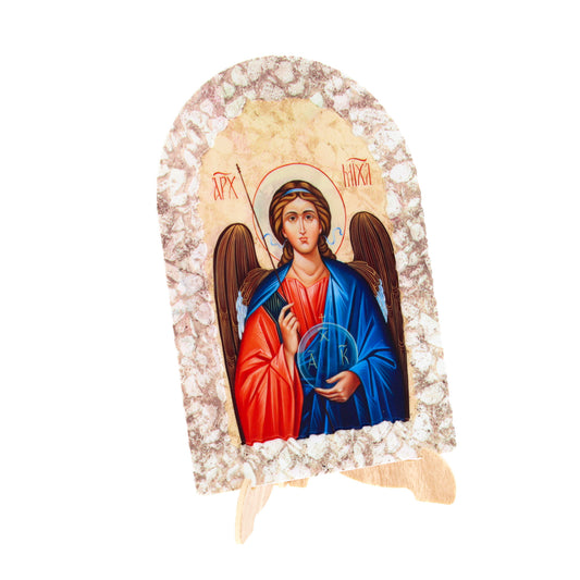 Quadro cupola effetto pietra ?Icona San Michele Arcangelo? e cavalletto. Dimensione 25x36 cm