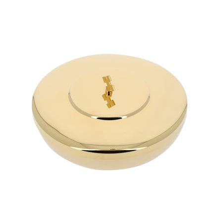 Pisside in ottone dorato con base e coperchio. Dimensioni 9x14 cm
