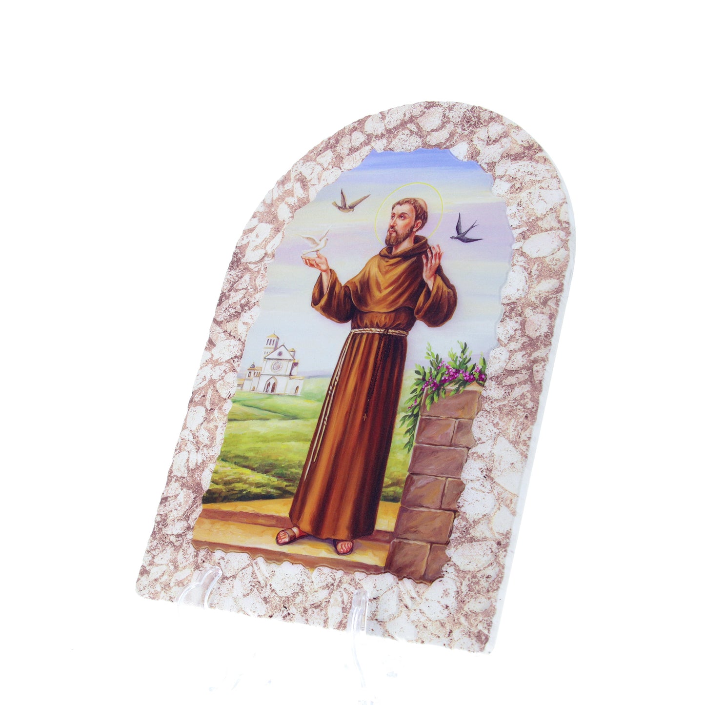 Quadretto cupola effetto pietra ?San Francesco? e cavalletto. Dimensioni 25x36 cm