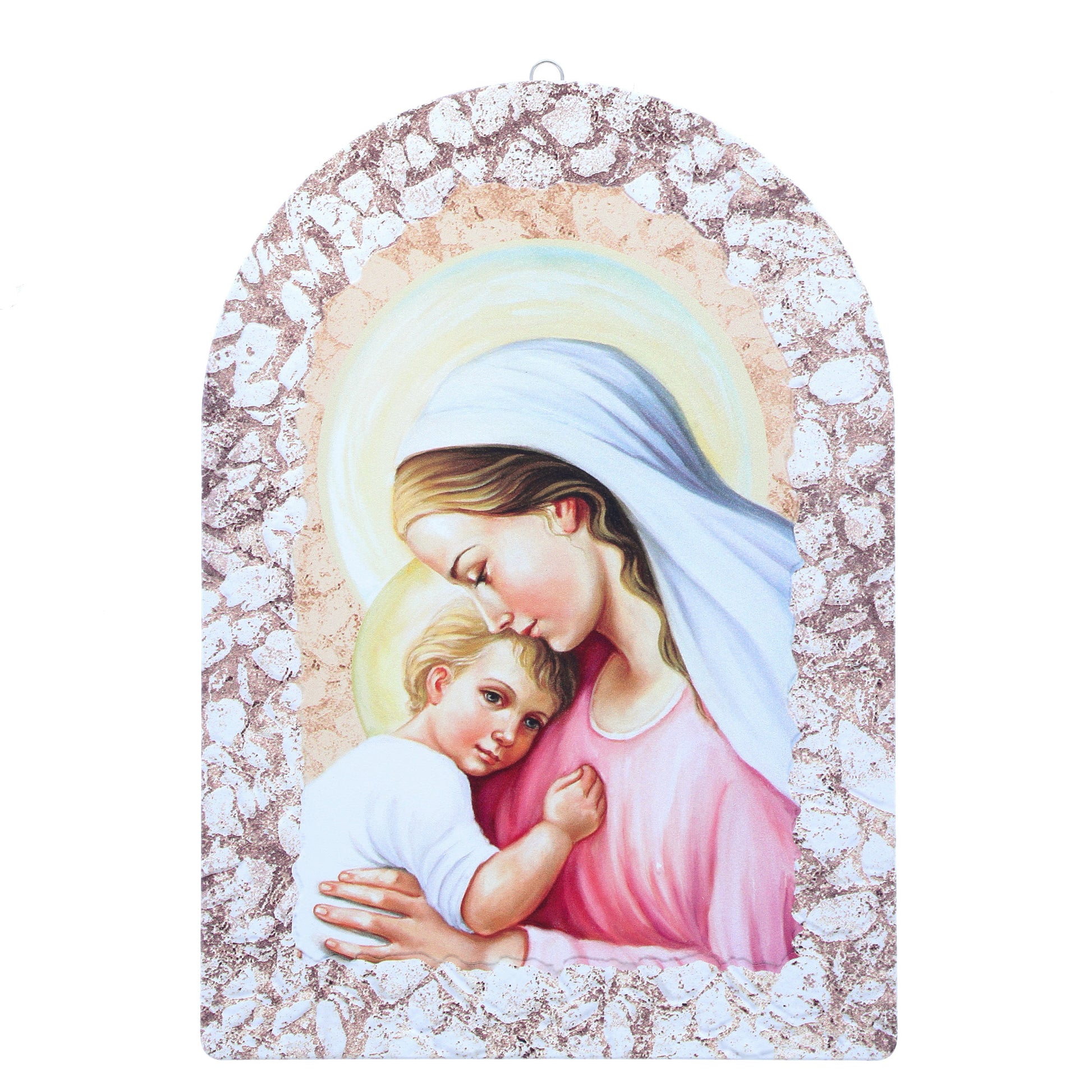 Quadro cupola effetto pietra ?Madonna con bambino? e cavallett. Dimensioni 25x36 cm