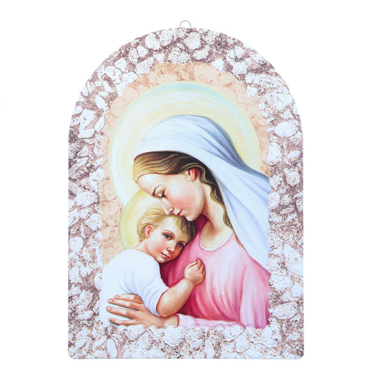 Quadro cupola effetto pietra ?Madonna con bambino? e cavallett. Dimensioni 25x36 cm