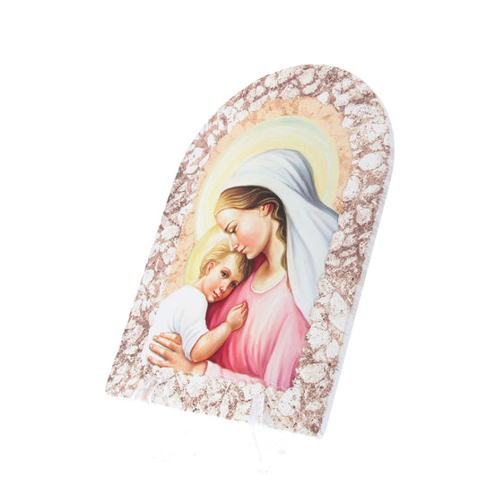 Quadro cupola effetto pietra ?Madonna con bambino? e cavallett. Dimensioni 25x36 cm