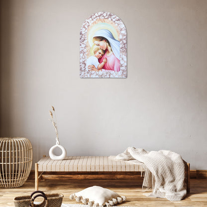Quadro cupola effetto pietra ?Madonna con bambino? e cavallett. Dimensioni 25x36 cm