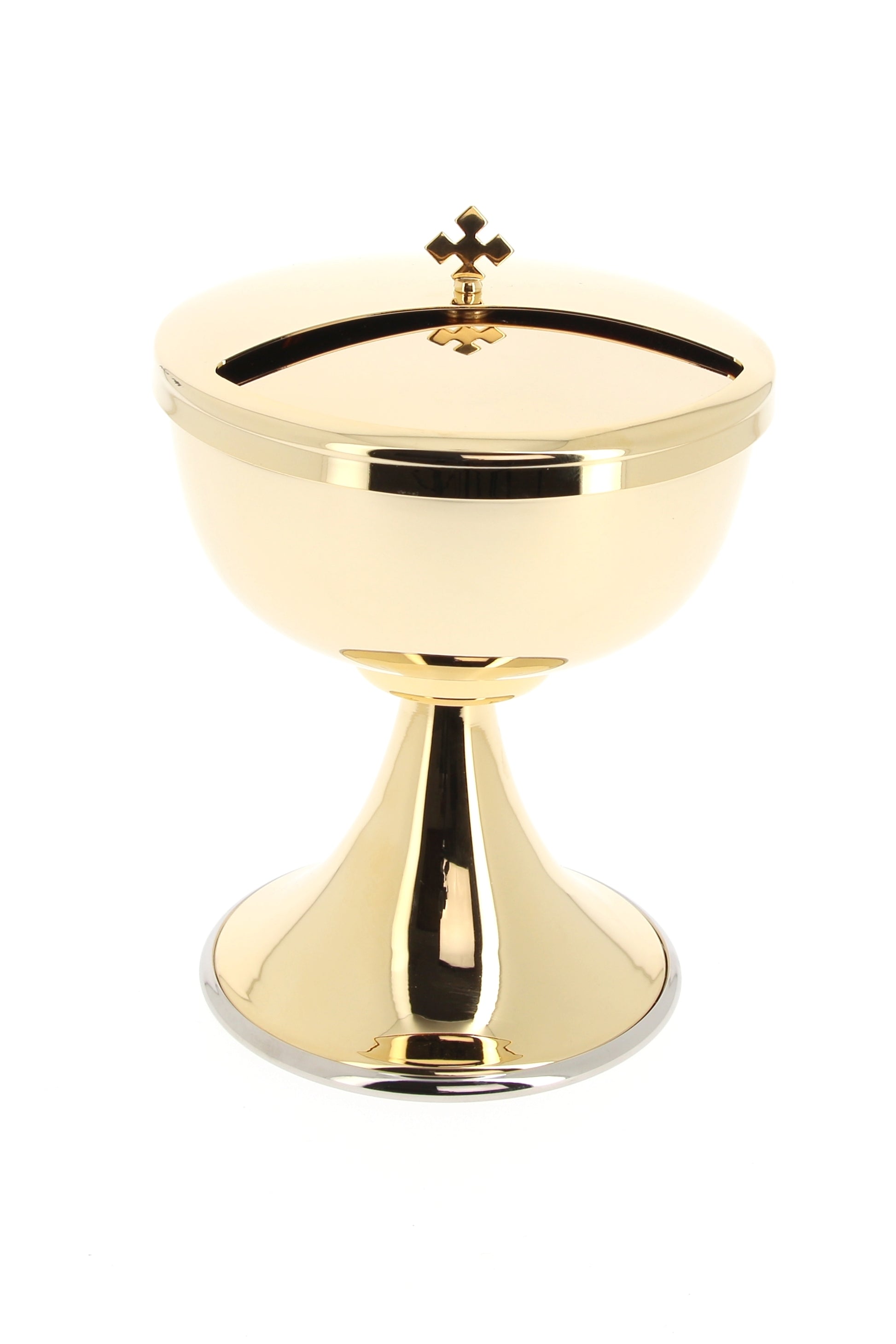 Pisside in ottone dorato con coperchio girevole. Dimensioni 14x17 cm