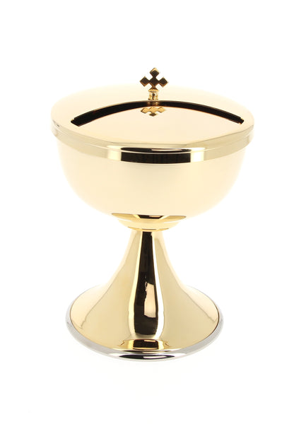 Pisside in ottone dorato con coperchio girevole. Dimensioni 14x17 cm