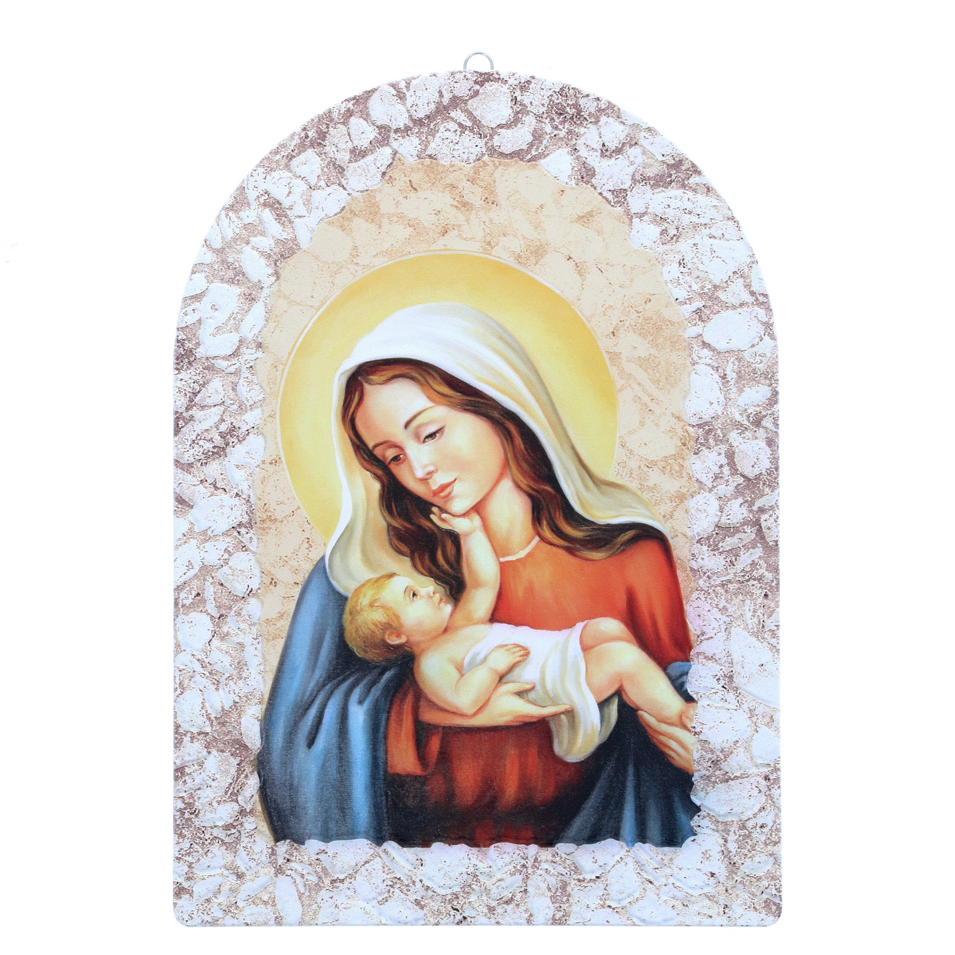 Quadro cupola effetto pietra ?Madonna con bambino? e cavalletto. Dimensioni 25x36