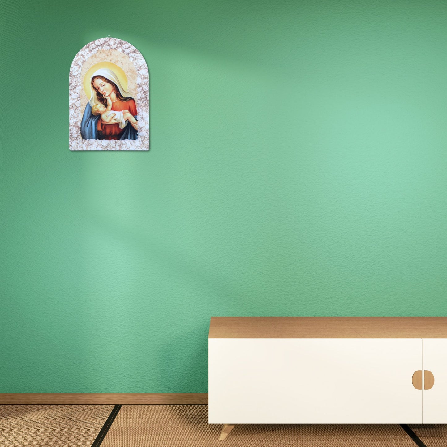 Quadro cupola effetto pietra ?Madonna con bambino? e cavalletto. Dimensioni 25x36