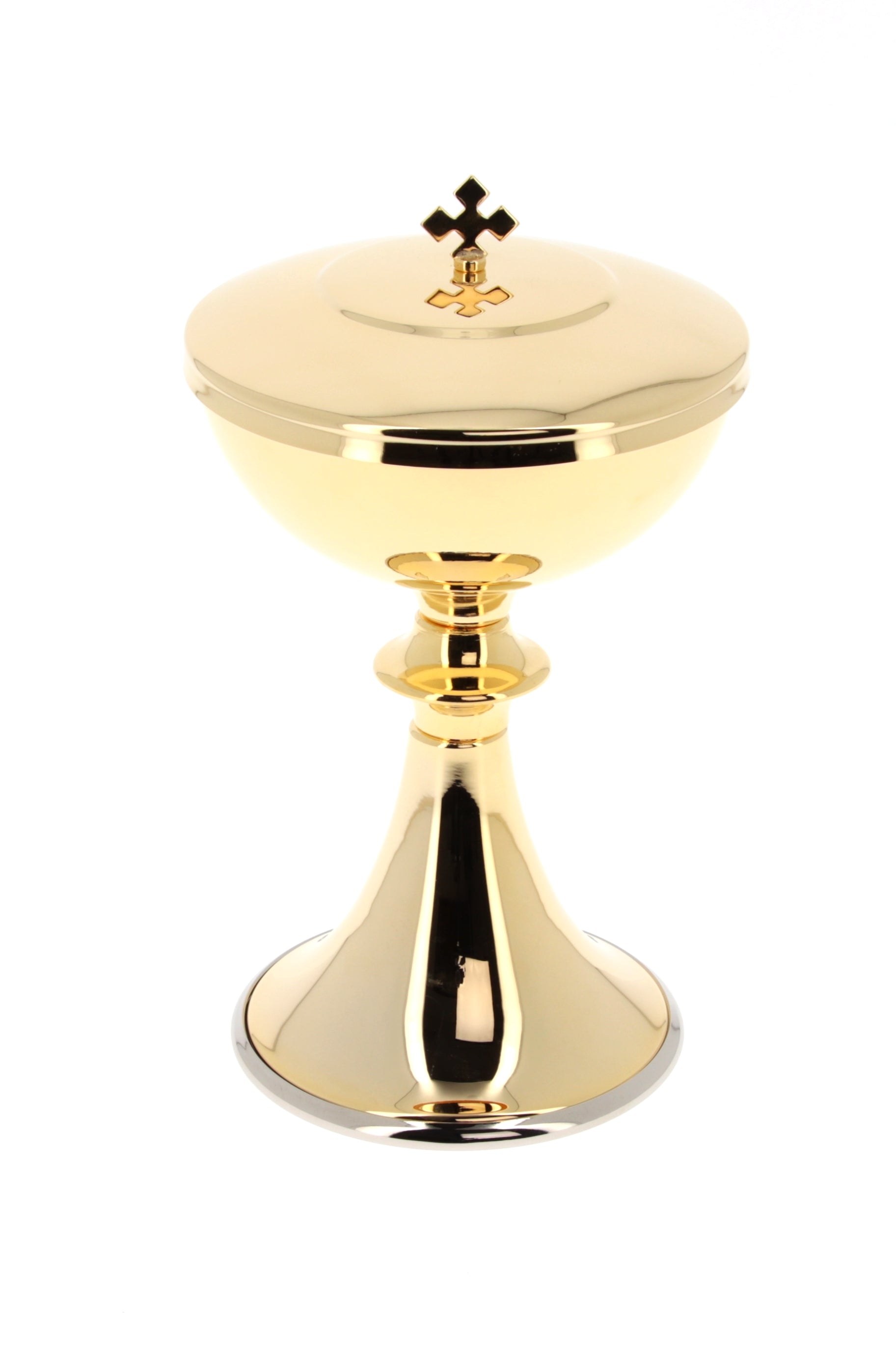 Pisside in ottone dorato. Altezza 20 cm e diam. 11,5 cm