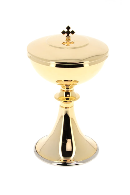 Pisside in ottone dorato. Altezza 20 cm e diam. 11,5 cm