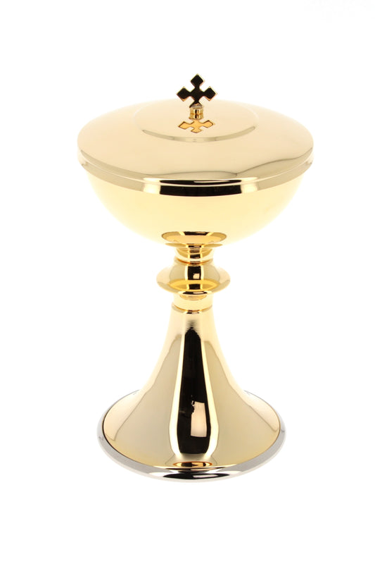Pisside in ottone dorato. Altezza 20 cm e diam. 11,5 cm