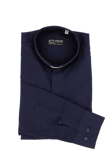 Camicia blu, manica lunga, cotone, collo clergy