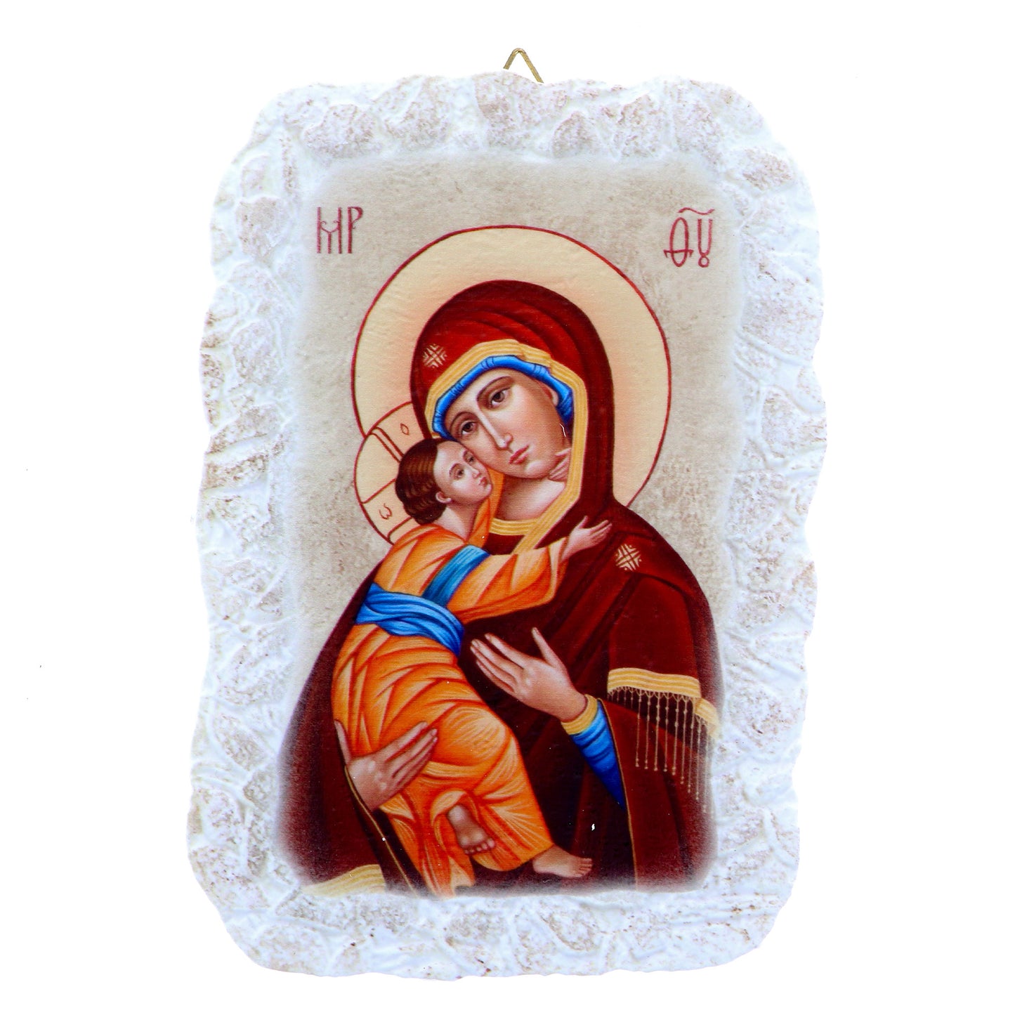 Quadro effetto pietra ?Icona Madonna con bambino? e cavaletto. Dimensioni 15x10 cm