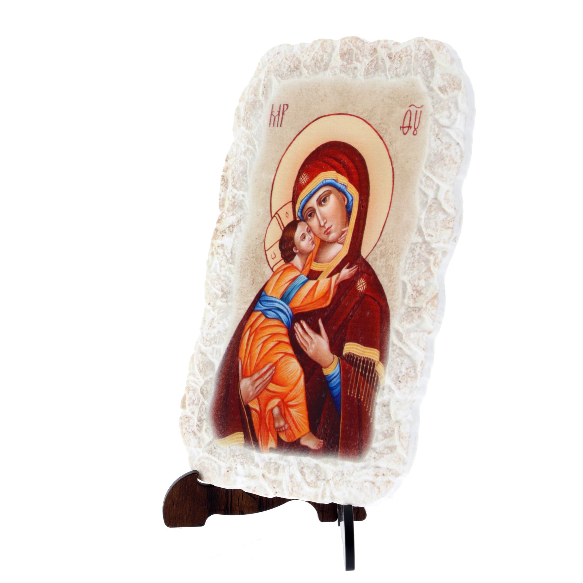 Quadro effetto pietra ?Icona Madonna con bambino? e cavaletto. Dimensioni 15x10 cm