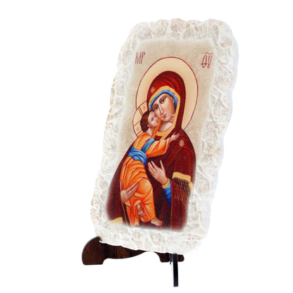 Quadro effetto pietra ?Icona Madonna con bambino? e cavaletto. Dimensioni 15x10 cm