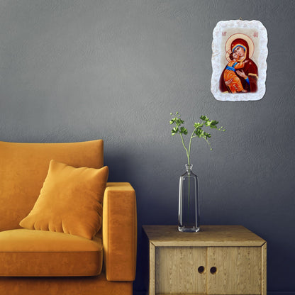 Quadro effetto pietra ?Icona Madonna con bambino? e cavaletto. Dimensioni 15x10 cm