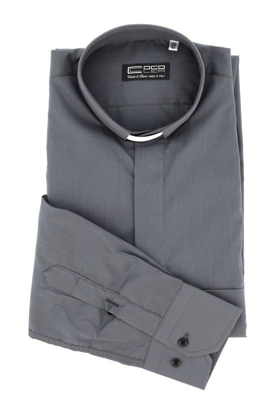 Camicia grigio scuro, manica lunga, cotone, collo clergy