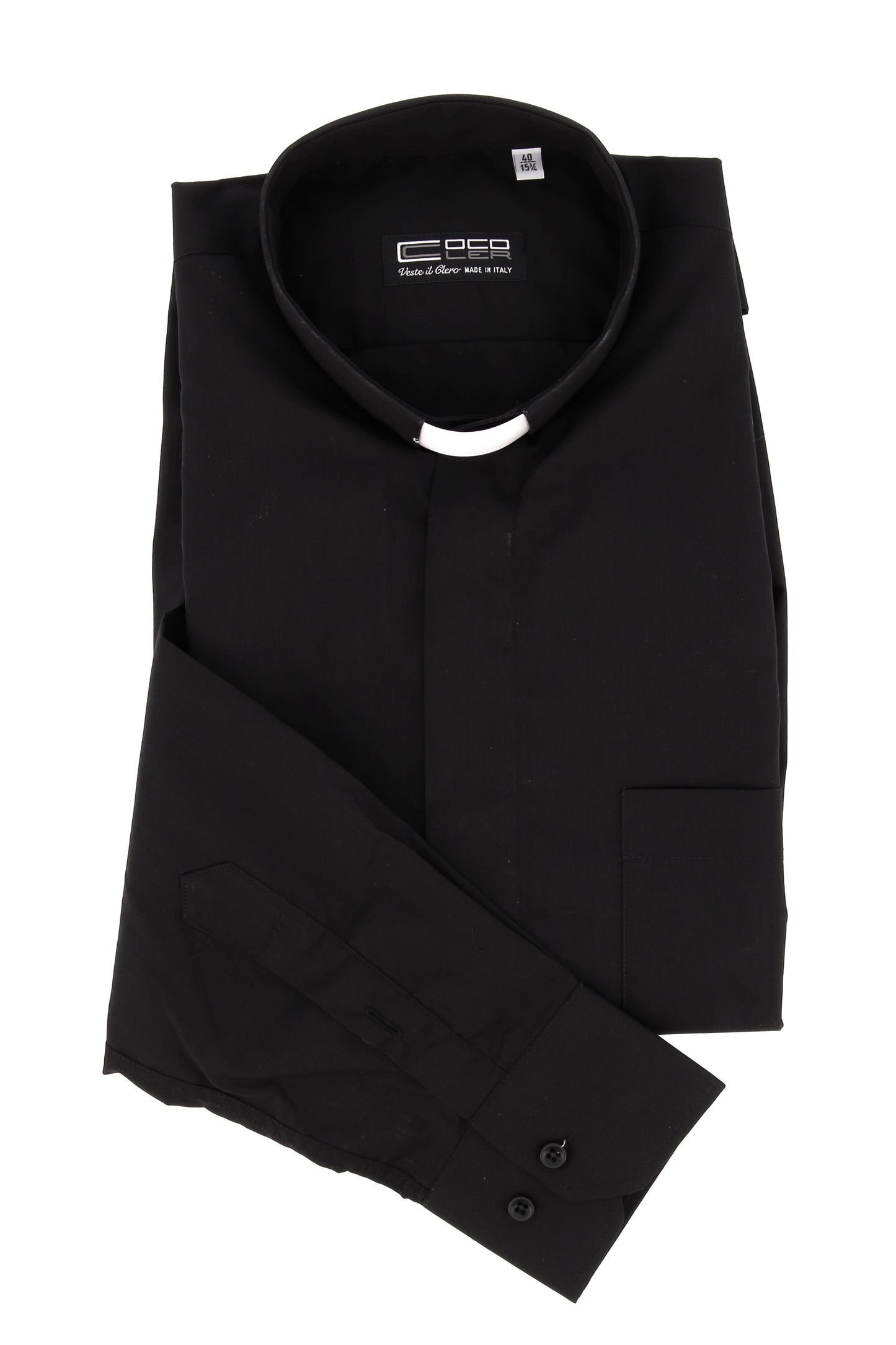 Camicia nera, manica lunga, cotone, collo clergy
