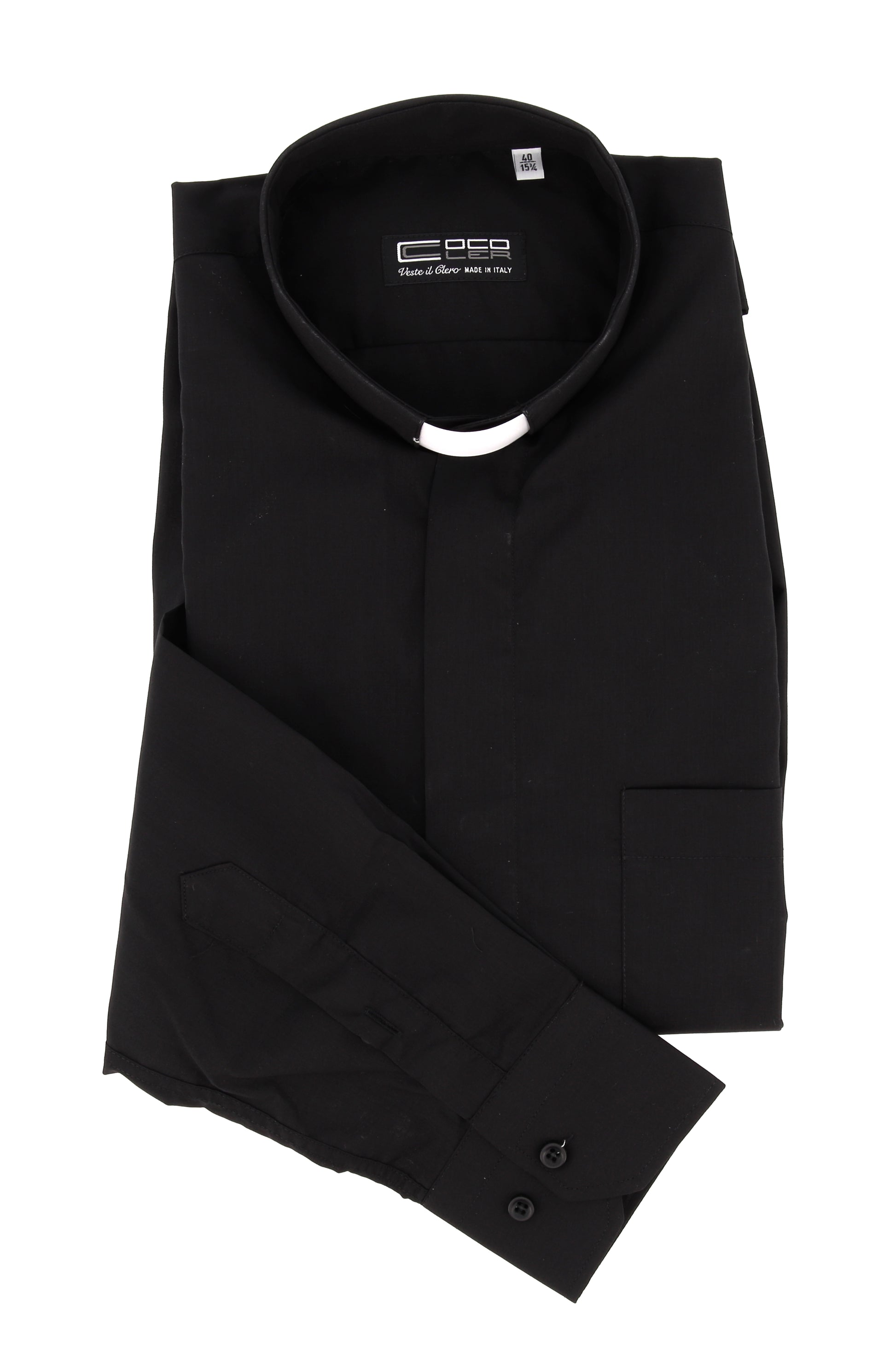 Camicia nera, manica lunga, cotone, collo clergy