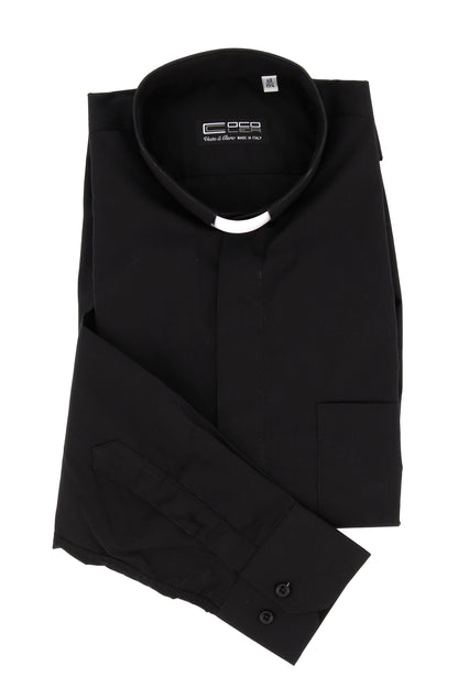 Camicia nera, manica lunga, cotone, collo clergy