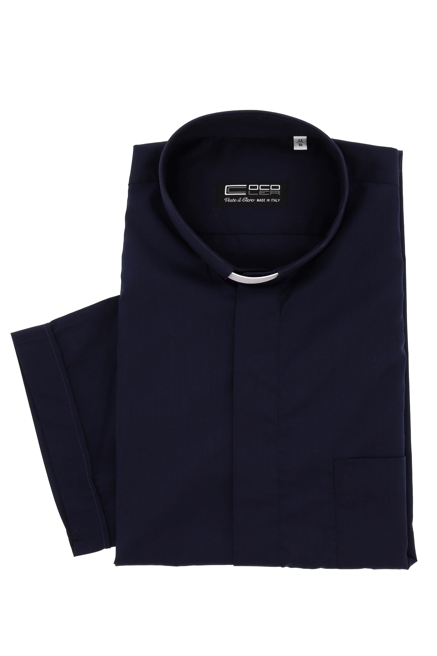 Camicia blu, manica corta, cotone, collo clergy