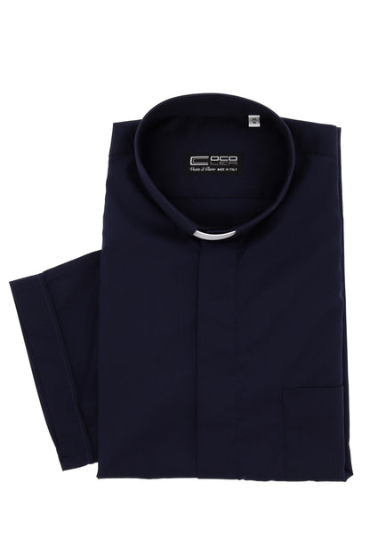 Camicia blu, manica corta, cotone, collo clergy
