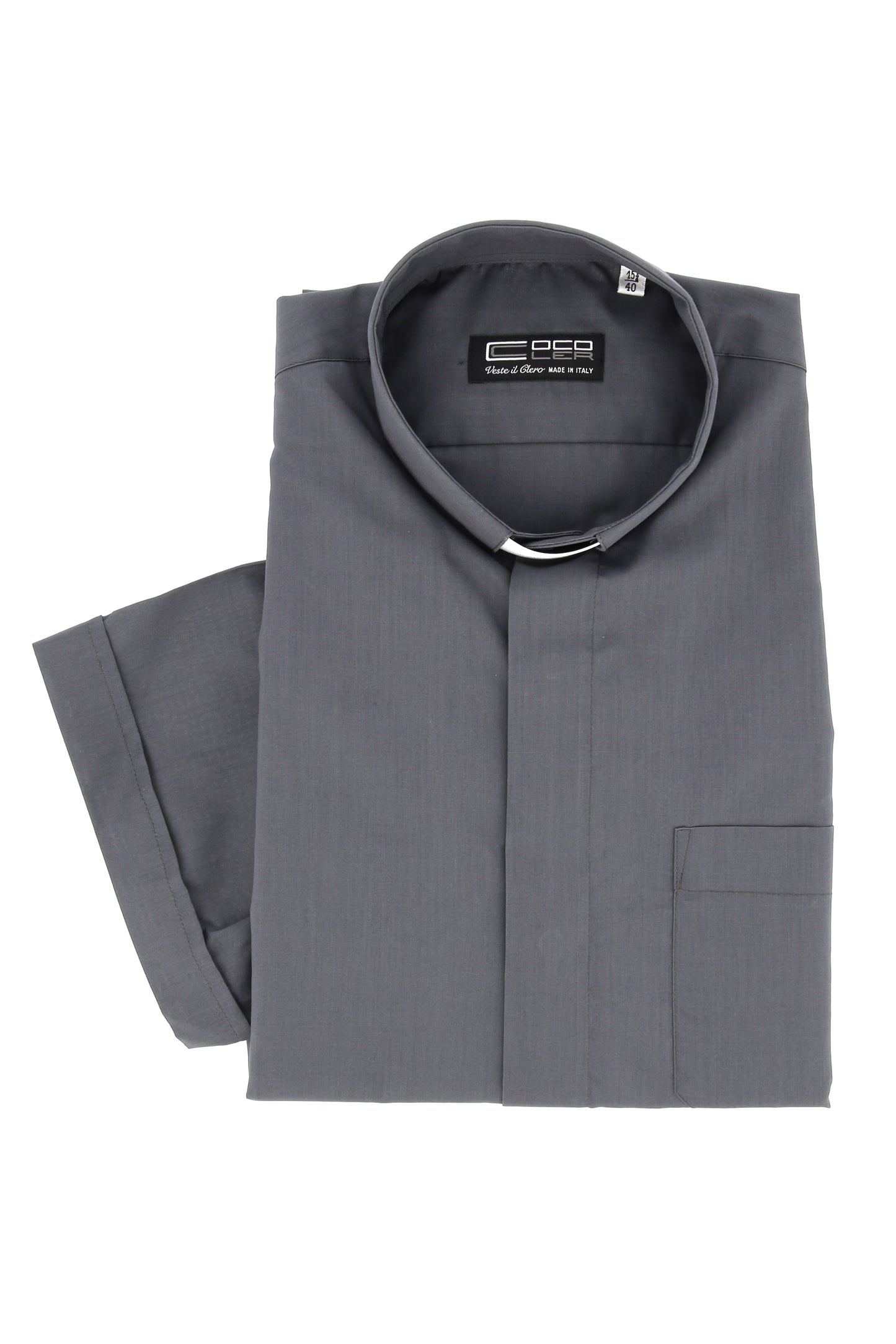 Camicia grigio scuro, manica corta, cotone, collo clergy