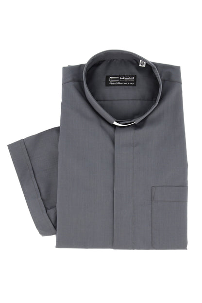 Camicia grigio scuro, manica corta, cotone, collo clergy