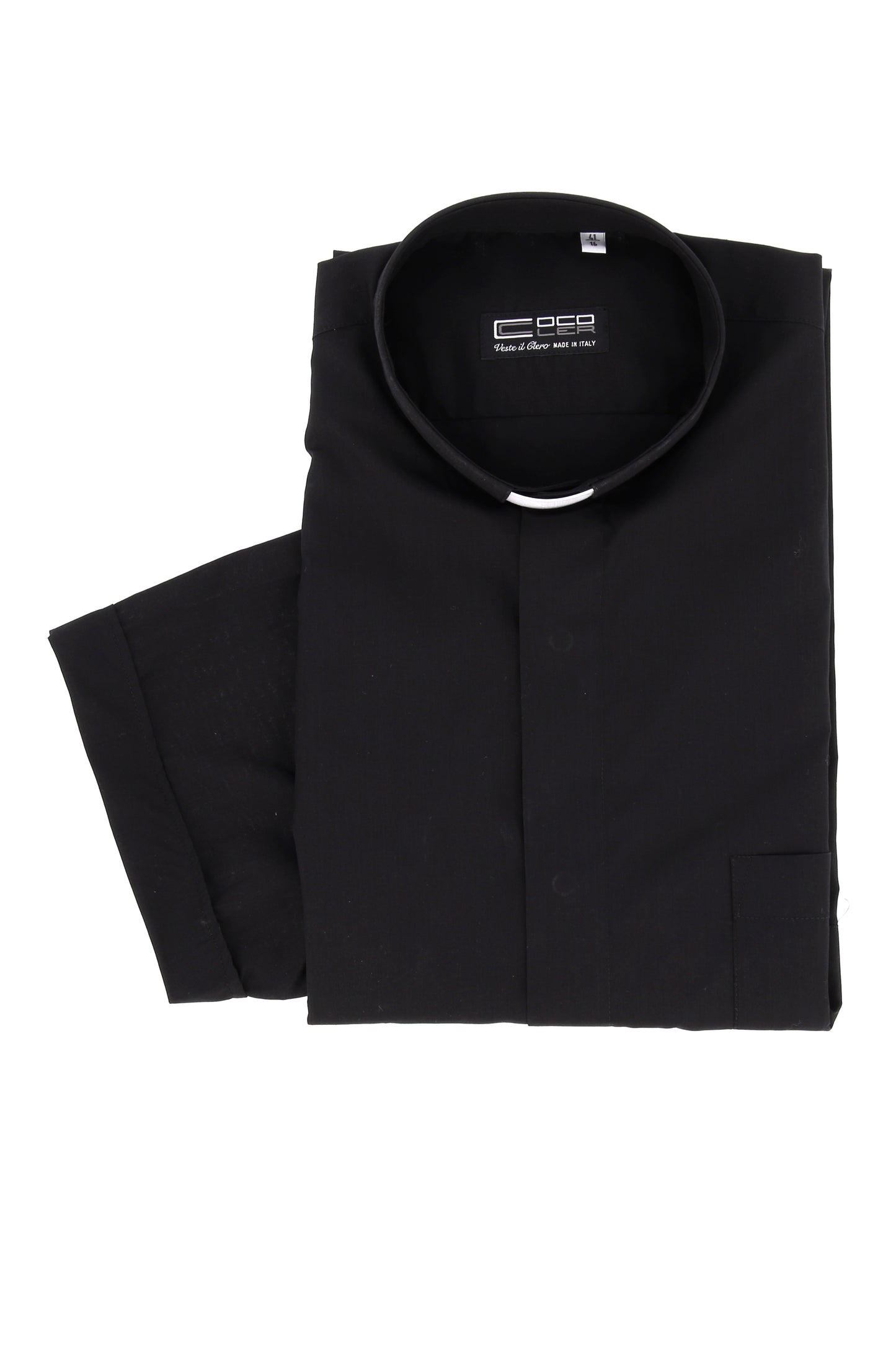 Camicia nera, manica corta, cotone, collo clergy