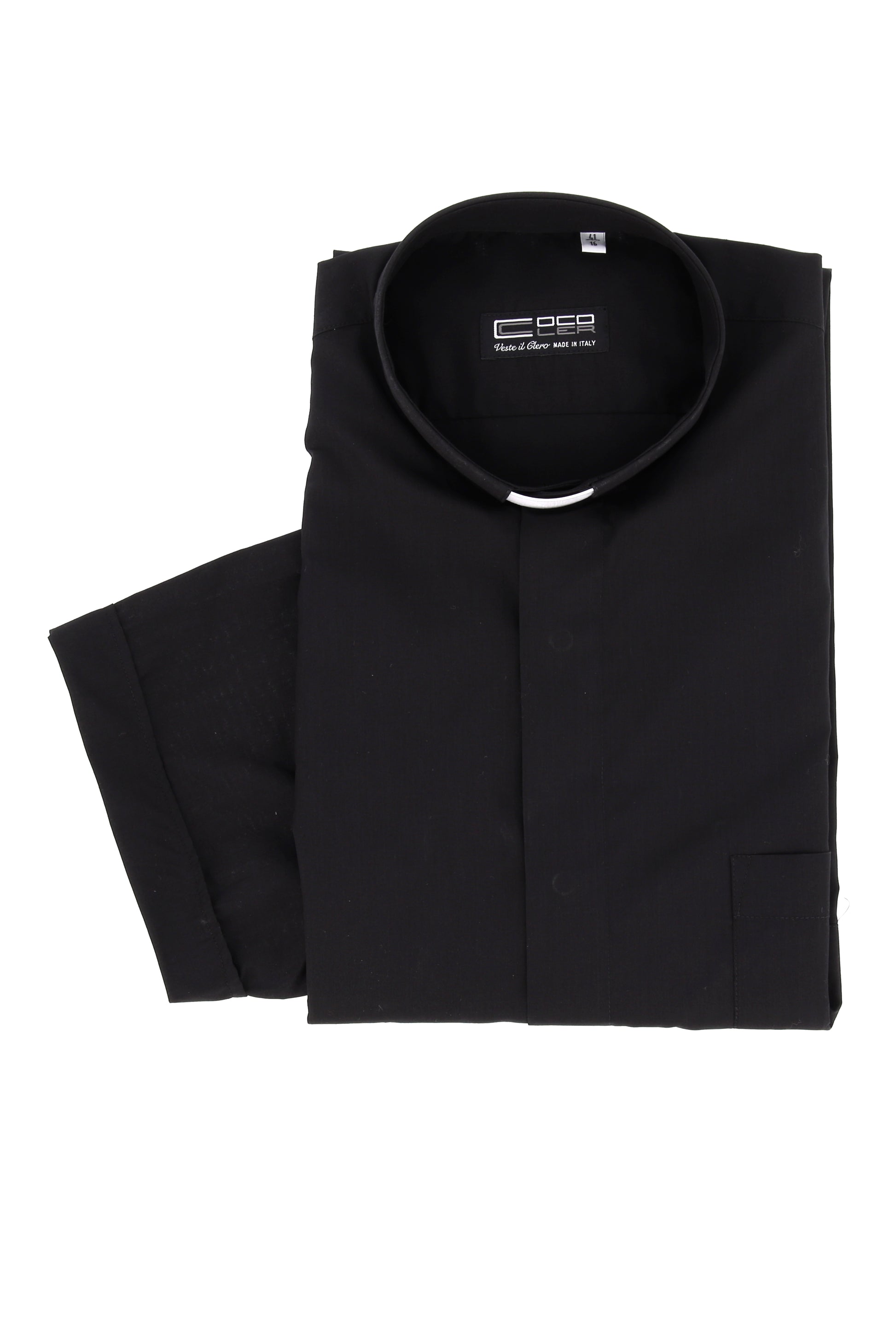 Camicia nera, manica corta, cotone, collo clergy