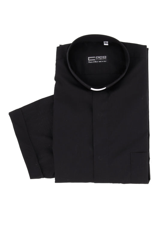 Camicia nera, manica corta, cotone, collo clergy