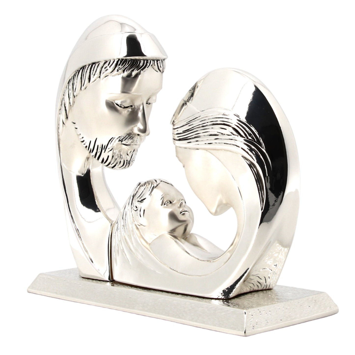 Sacra Famiglia in resina argentata con base. Altezza 21 cm