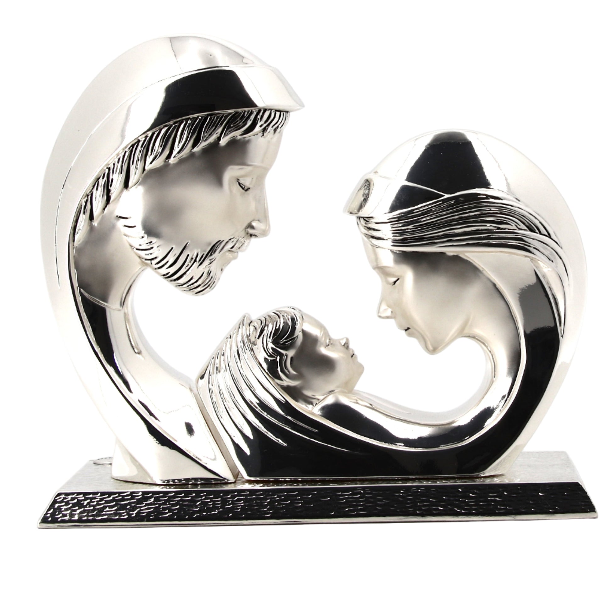 Sacra Famiglia in resina argentata con base. Altezza 21 cm