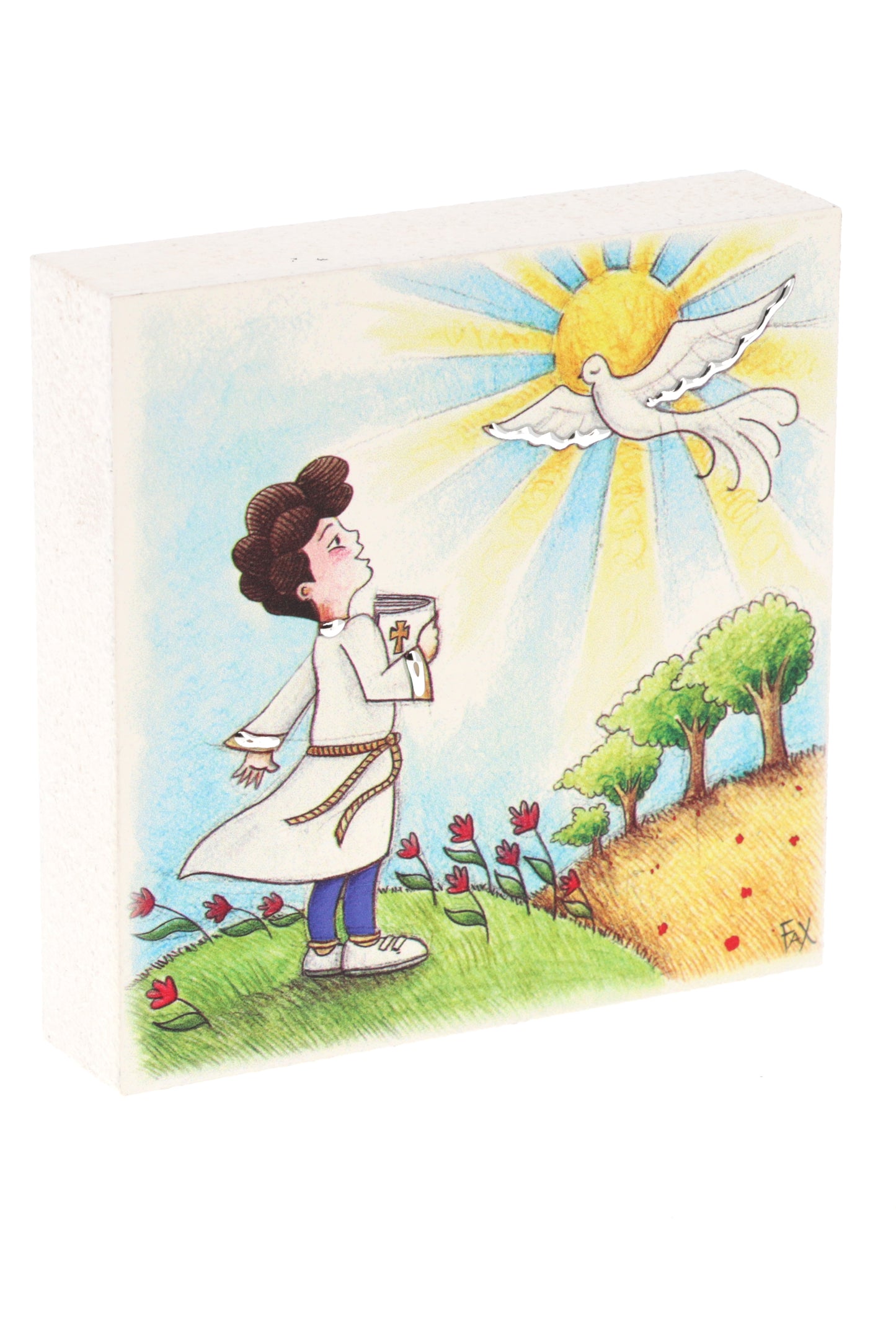 Ricordino Comunione bambino - quadro in resina con dettagli argentati. Dimensioni 10x10 cm