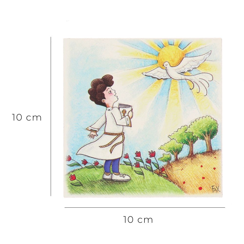 Ricordino Comunione bambino - quadro in resina con dettagli argentati. Dimensioni 10x10 cm