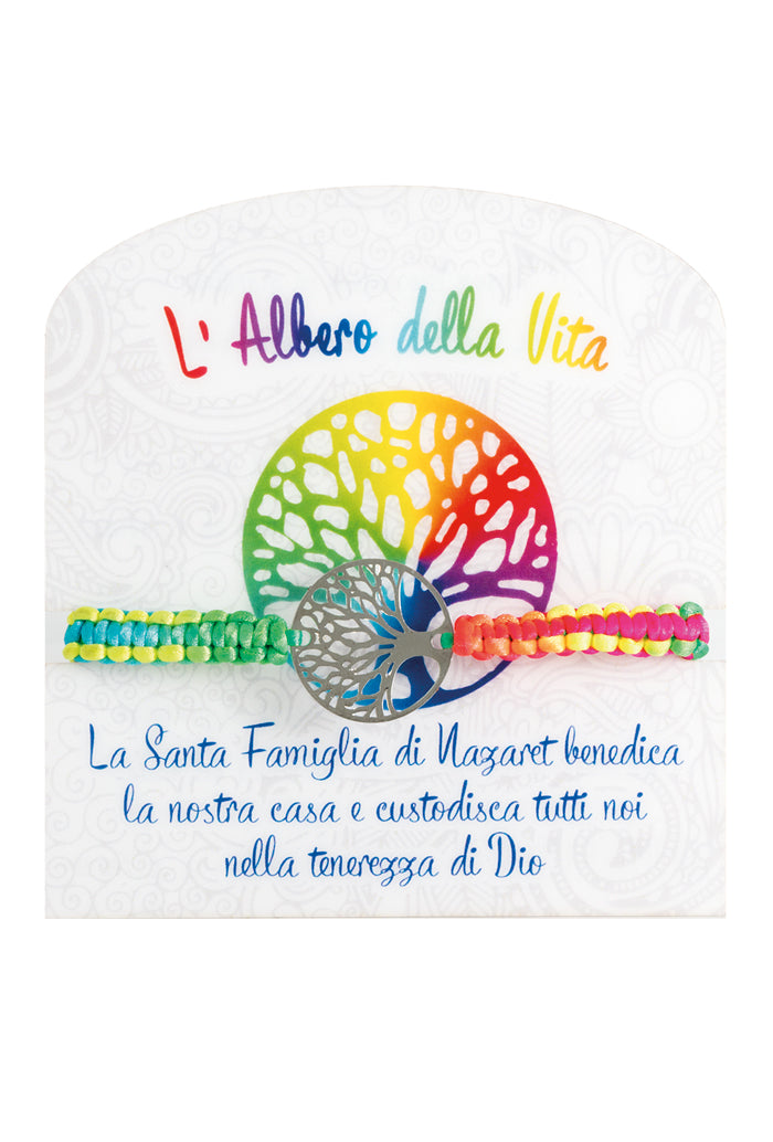 Bracciale regolabile in corda multicolor e simbolo ?Albero della vita? in filigrana in confezione