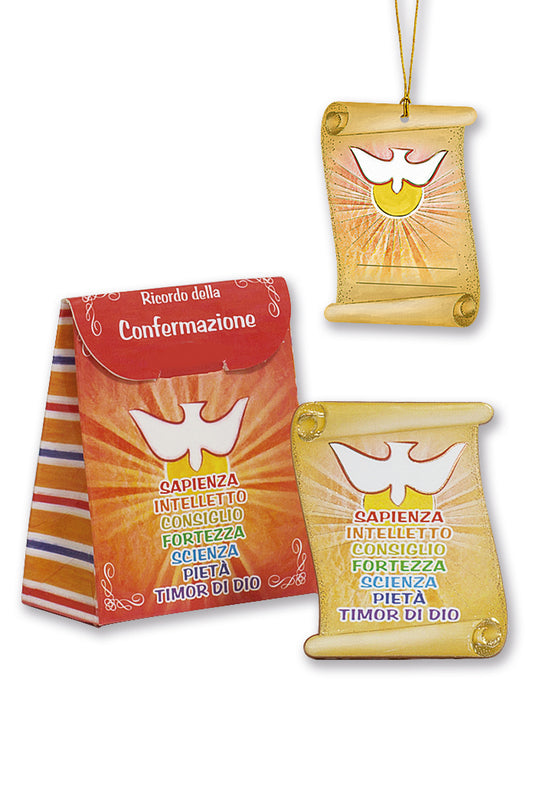Confezione Cresima quadro pergamena e pergamena in carta da personalizzare. Dimensioni 8,5x7 cm