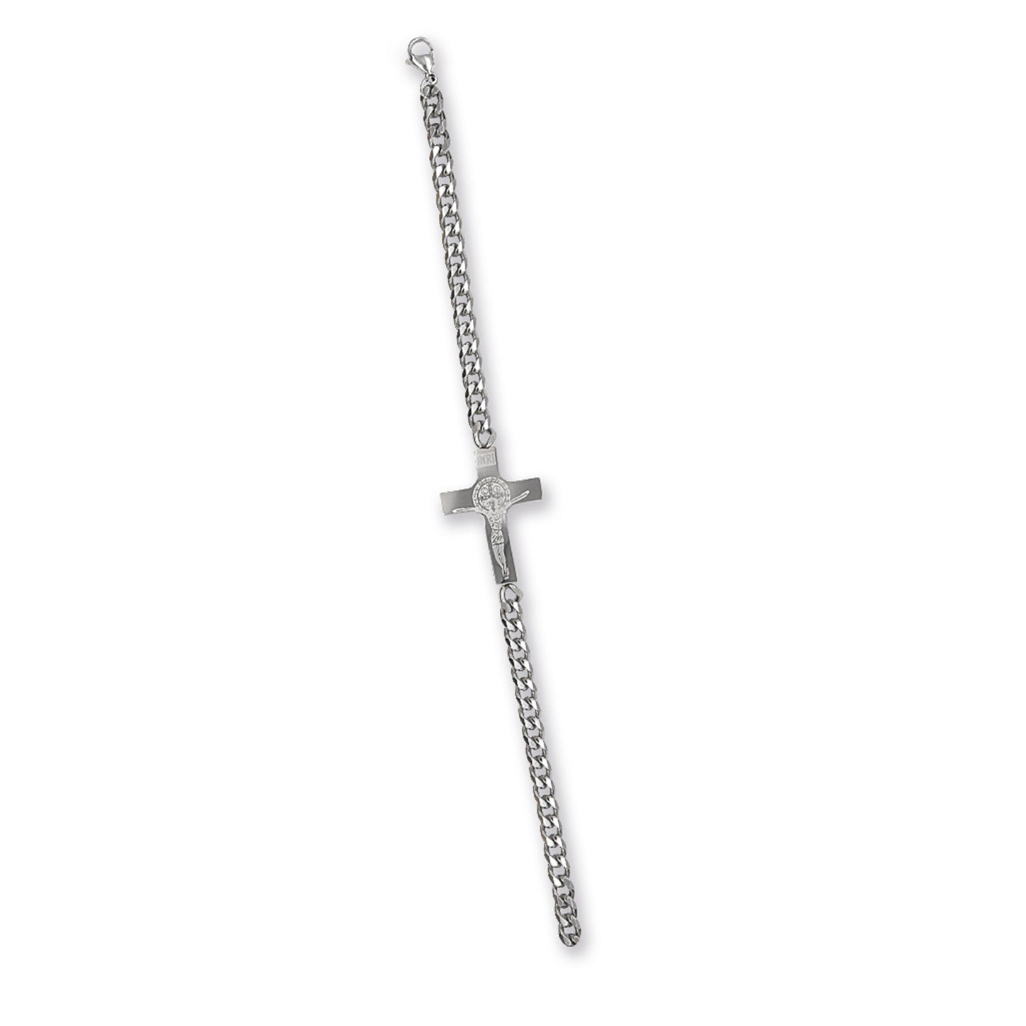 Bracciale in acciaio con croce san Benedetto. Lunghezza 22 cm