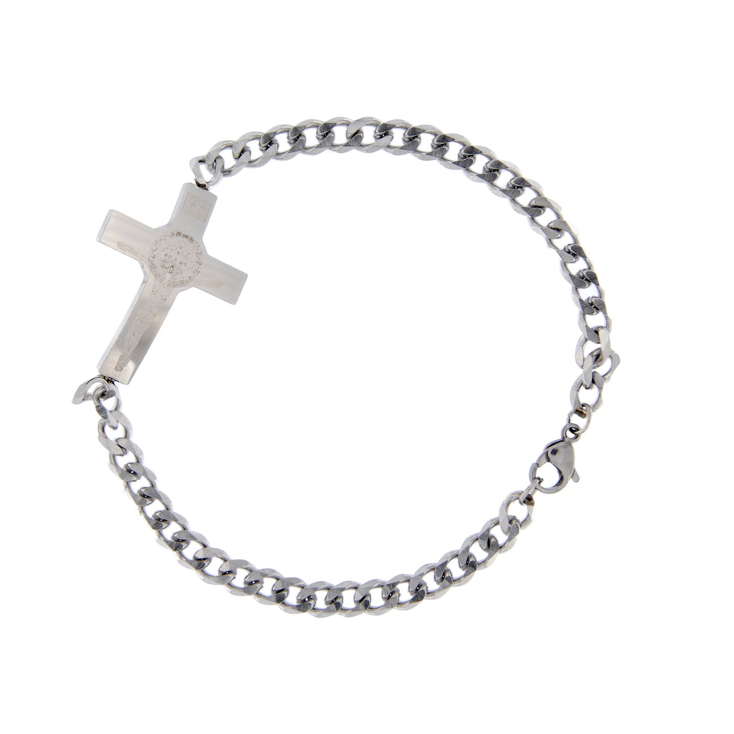 Bracciale in acciaio con croce san Benedetto. Lunghezza 22 cm