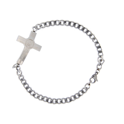 Bracciale in acciaio con croce san Benedetto. Lunghezza 22 cm