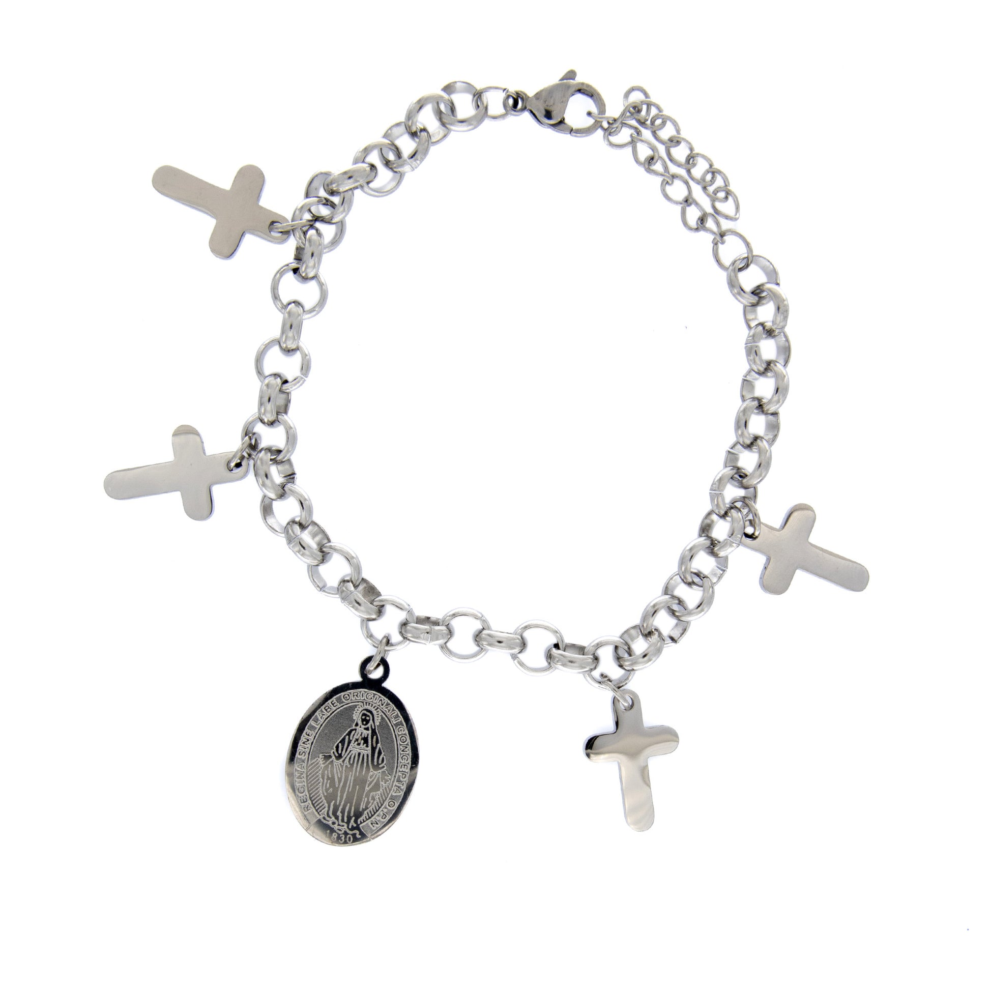 Bracciale in acciaio con croci e medaglia Miracolosa. Lunghezza 21 cm