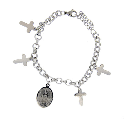Bracciale in acciaio con croci e medaglia Miracolosa. Lunghezza 21 cm