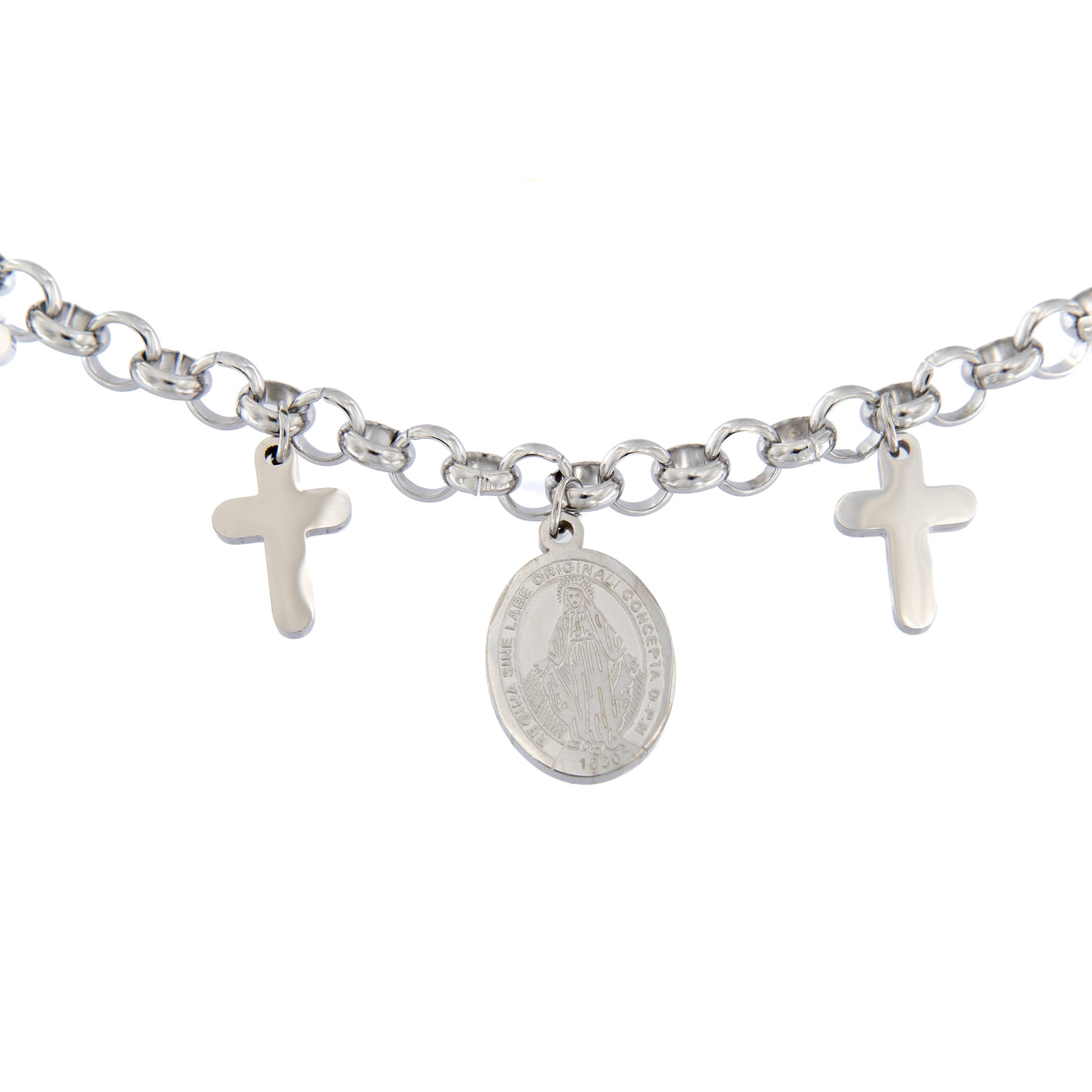 Bracciale in acciaio con croci e medaglia Miracolosa. Lunghezza 21 cm