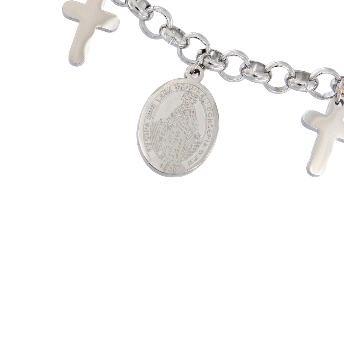 Bracciale in acciaio con croci e medaglia Miracolosa. Lunghezza 21 cm