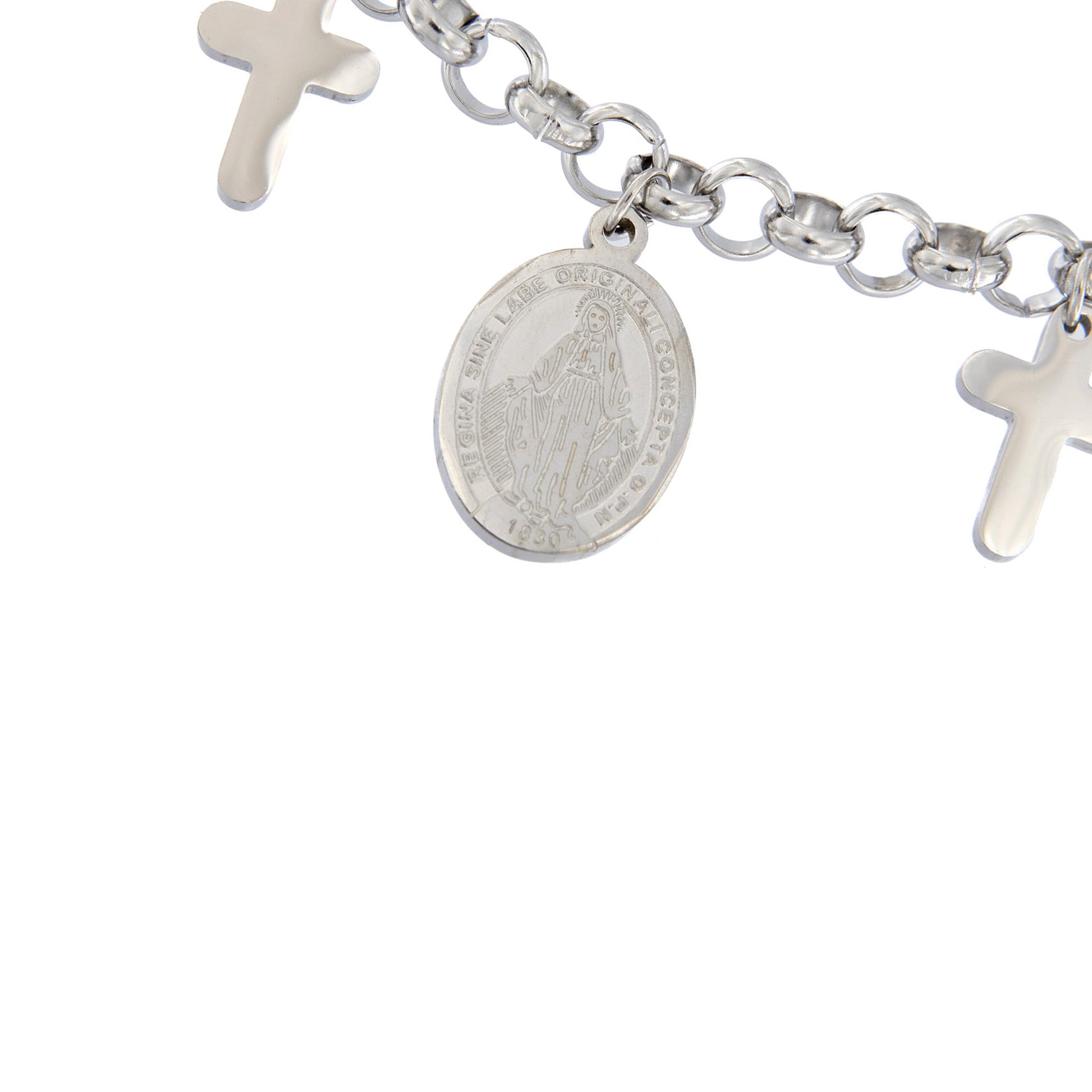 Bracciale in acciaio con croci e medaglia Miracolosa. Lunghezza 21 cm