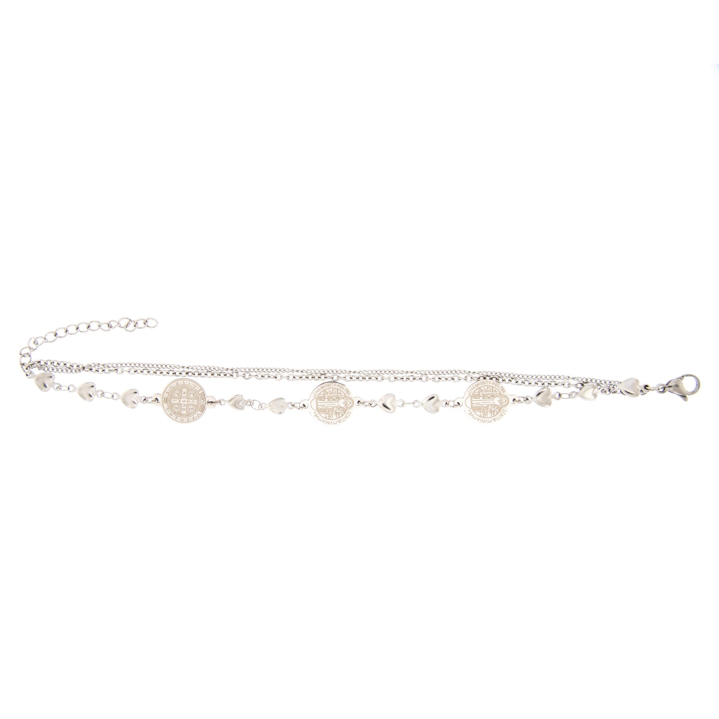 Bracciale in acciaio triplo filo con medaglie san Benedetto. Lunghezza 22 cm
